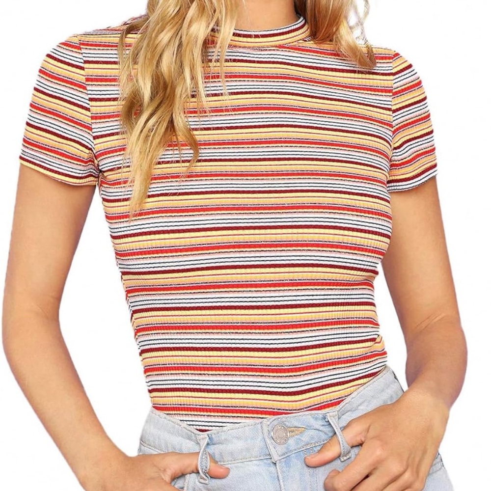 Striped Short Sleeve Top mini mock neck - SOLD
